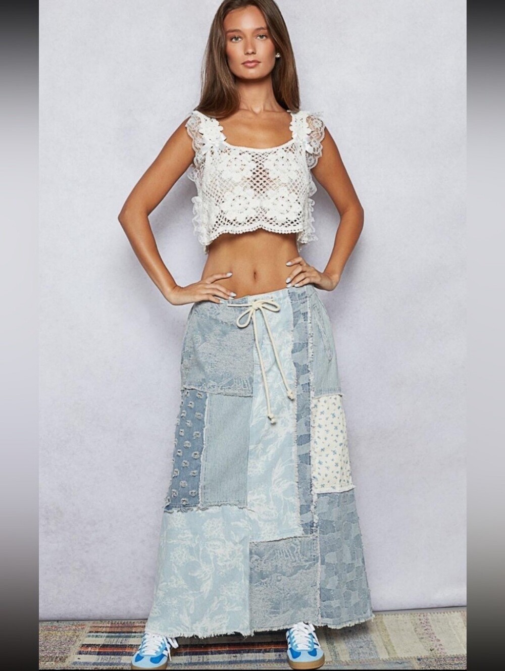POL “Indigo Patches Maxi” Long Maxi Denim Light Blue Patchwork Skirt - Women S - Picture 9 of 13